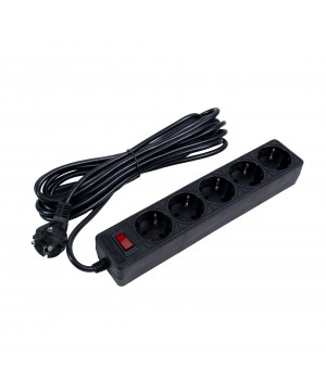 Fibonacci сетевой фильтр 5 гнезд, 5 метров, с заземлением, ПВС 3x0,75 кв.мм, 10А, 2200 Вт, черный